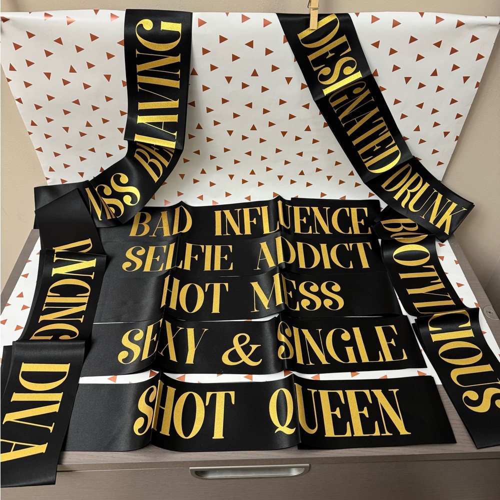 9 Party Sash Set Bachelorette or Birthday Party Sashes Black & Gold Lettering